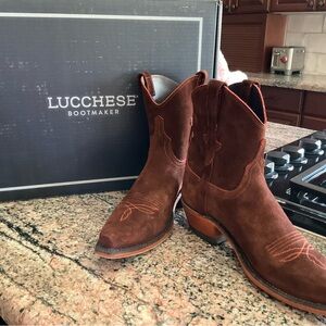 Lucchese Gaby Western Bootie in Red Dirt Suede